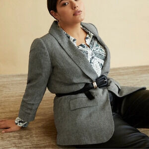 NWT Eloquii Herringbone Open Blazer 3/4 Ruched Sleeve Office Black White Size 18